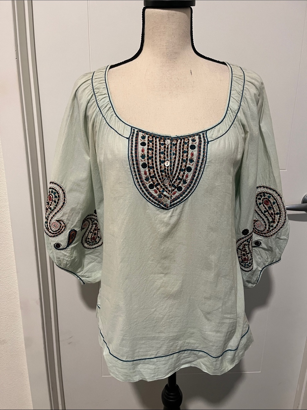 Y2K Embroidered Detailing Scoop-Neck Peasant Cotton Top Cottagecore Bohemian